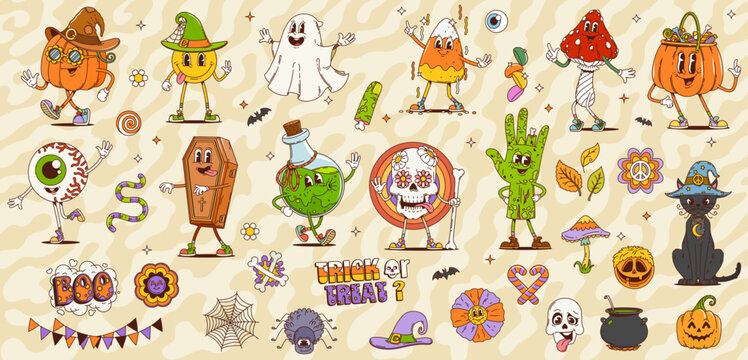 Retro cartoon groovy Halloween characters. Vector cute ghost, hippie pumpkin, trippy zombie hand, witch cat and mushroom. Psychedelic groovy Halloween skull monster, trick or treat candy, daisy flower