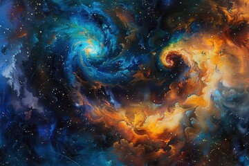 Abstract Cosmic Swirls of Blue and Gold Nebulae with Stars