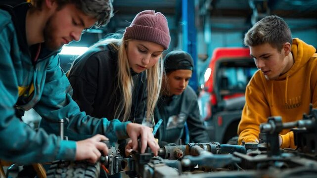 Automotive students gathered around a car, diagnosing issues with the engine, tools and manuals in hand, in a well-equipped training garage