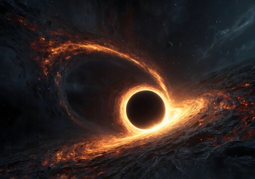 Huge black hole warps space around. 5K realistic science fiction art. Elements of image provided