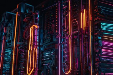 Obraz premium Neon design elements lights glow and flash technology abstract background. 