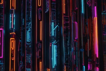Obraz premium Neon design elements lights glow and flash technology abstract background. 