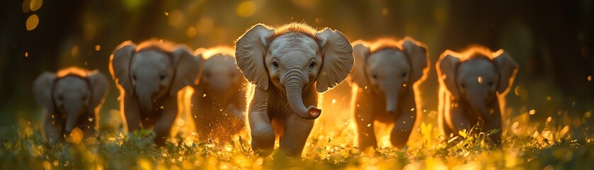 A group of baby elephants playfully running towards the camera in a lush green field, warm sunlight