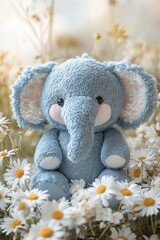 A soft blue stuffed elephant toy sitting among fresh daisies, a pastel backdrop adds a gentle feel