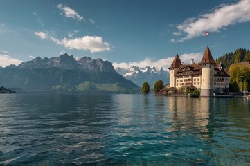 Obraz premium Oberhofen Castle at Lake Thunersee in swiss Alps, Switzerland. 