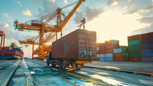 Logistics and transportation of container cargo ships and cargo planes with working crane bridges in shipyards, import export and transportation industries