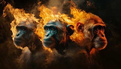 Obraz premium Vibrant Contemplation: Three Monkeys in Colorful Flames - Abstract Side Portraits on Black Background. Creative Animal Concept with Neon Aesthetics, Blending Cultural Symbolism and Modern Design for A