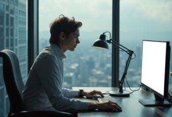 Focused white man manager working intently on isolated monitor, surrounded by city skyline in modern office space