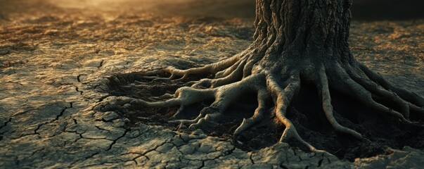 Close-up of dying tree with exposed roots in cracked earth under sunlight, depicting environmental impact and climate change