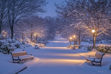 Snowy Pathway Through a Wintery Park at Dusk