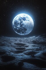 Earths view from the moons surface, with craters and deep space in the background