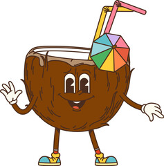 Cartoon retro groovy coconut cocktail character, vector funny comic in 70s art. Groovy funky cocktail drink or coconut juice with happy face and rainbow umbrella for summer vacations groovy character