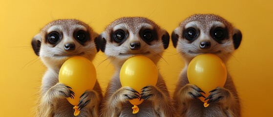 Fototapeta premium Group of meerkats holding yellow balloons, posed against a bright yellow background, playful scene