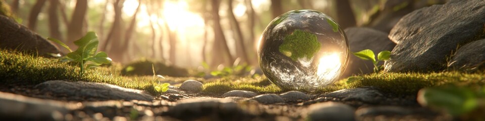 Obraz premium Eco-Friendly Globe: Abstract Concept for World Environment Day and Earth Day. Glass Sphere Reflecting Sustainable Development, Green Living, and Global Climate Protection. Elegant Minimalist Design fo