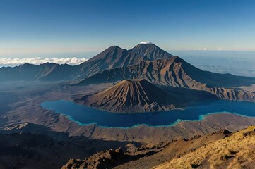 Fototapeta premium Senaru viewpoint from Rijani Mount 3726m in blue sky. 