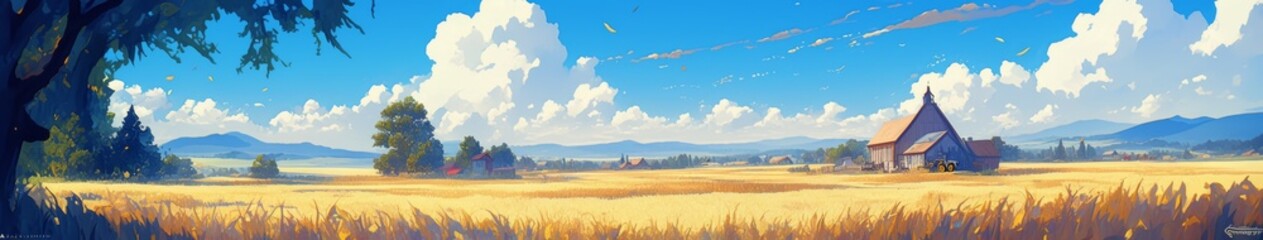 anime-style Enchanted Harvest Time: Golden Wheat Fields, Country Barns, Vintage Tractors under a Clear Blue Sky for Leisure Getaways and Travel,Anime-Style,illustration,Picture BooksFor Poster,Novel,U