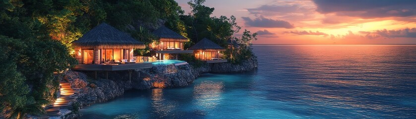 Obraz premium Luxury cliffside resort, overwater bungalows, serene ocean, ambient lighting, sunset, tranquil and exotic