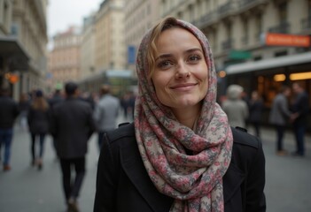 Fototapeta premium Joyful woman wearing floral scarf in bustling european city street on cloudy day
