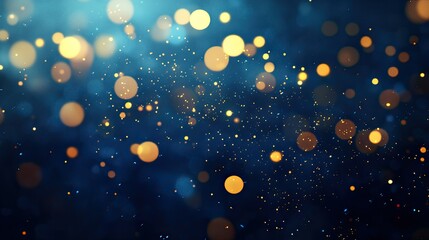 Abstract composition of radiant gold bokeh lights on a dark blue background, blending warmth and depth in a textured, ethereal design.