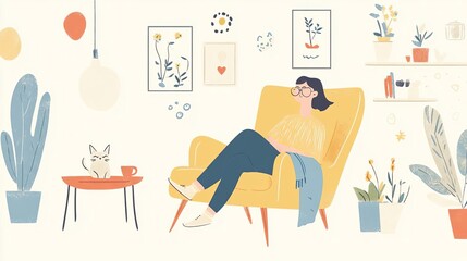 A cozy living room scene with a woman relaxing in a yellow chair, surrounded by plants and art, evoking comfort and creativity.