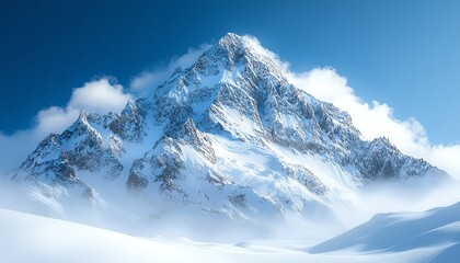 Snowcovered mountain peak, clear blue sky, crisp air