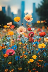 Fototapeta premium Wildflowers in city garden, skyscrapers blurred in distance, lowangle, soft evening light, tranquil vibe