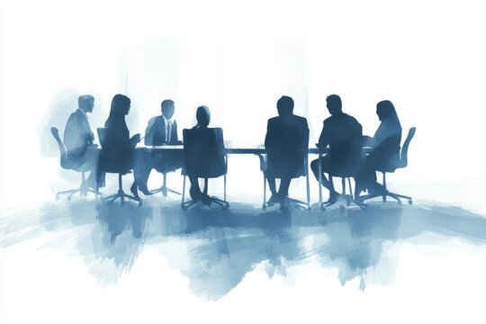 A professional meeting with silhouettes of people around a table, showcasing collaboration and teamwork in a corporate environment.