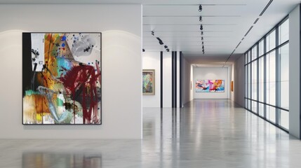 Colorful abstract painting on blue background. The painting was framed and hung on the wall