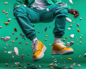 Stylish Man Jumping in Teal Background, Vibrant Energy, Lifestyle Photography, Fashionable Jump, Teal Aesthetic, Trendy Outfit, Cool Pose, Energetic Movement, Modern Lifestyle, Fashion Inspiration