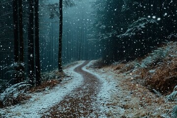 Fototapeta premium Snowy Path Through a Dark Forest