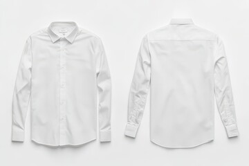 White long-sleeved button-down shirt isolated on a white background, flat lay.