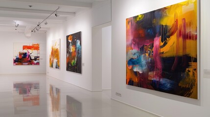 Colorful abstract painting on blue background. The painting was framed and hung on the wall