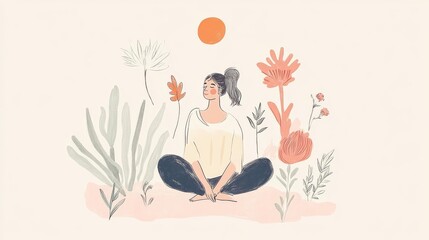Fototapeta premium A tranquil illustration of a woman meditating surrounded by flowers and plants under a warm sun, promoting mindfulness and peace.