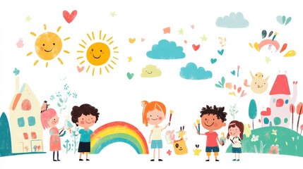 Obraz premium Cute children drawing on the wall using paintbrushes and colored pencils. Vector illustration.