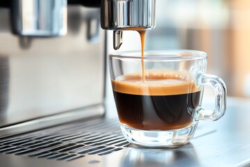A close-up shot of espresso pouring from a coffee machine into a glass cup, showcasing rich color and textures of coffee.