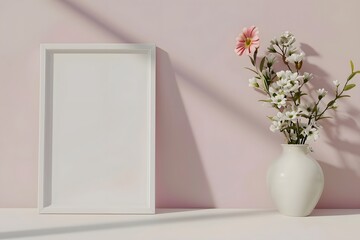 A minimalist scene featuring a white picture frame and a vase with flowers set against a soft pink background, evoking simplicity and elegance.