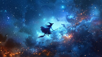 Obraz premium witch flying on broomstick , witch flying , starry night sky , broomstick flying