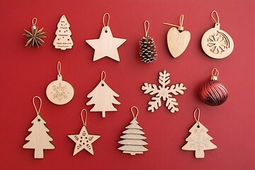 Christmas ornaments made of wood and metal arranged on red background forming holiday decoration