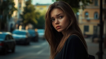 Obraz premium Melancholic 25-Year-Old Woman Strolling Through Kyiv's Summer Streets Reflecting on Life's Journey Amidst the Warm Breeze and Lush Greenery.