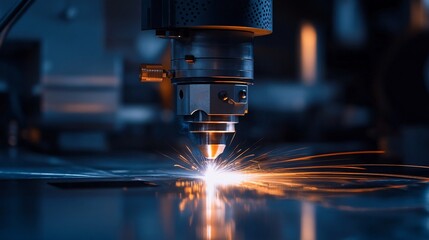 An industrial laser welding machine in action, fusing two metal parts together with intense heat and light. The laser beam is bright and focused, creating a pool of molten metal where the weld is
