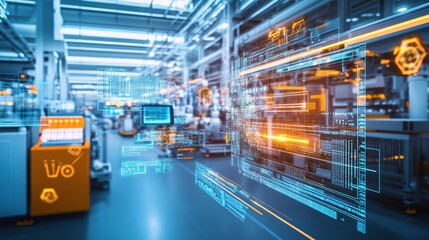 Fototapeta premium A high-tech manufacturing facility where a laser is used for quality control inspection. The laser beam scans the surface of a product, detecting any imperfections with extreme precision. The