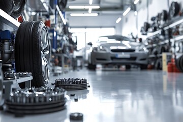 Fototapeta premium Car parts laying on floor of auto repair shop with vehicle in background