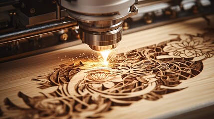 A detailed view of a laser engraving machine creating intricate designs on a wooden surface. The laser beam is fine and precise, with glowing particles surrounding the area being engraved. The