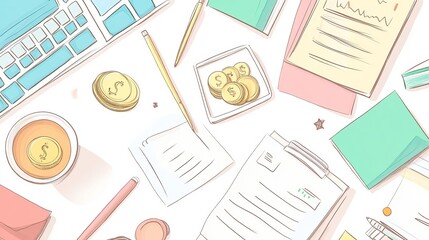 Bright workspace setup featuring a keyboard, coins, documents, and stationery. Ideal for finance, business, and productivity themes.