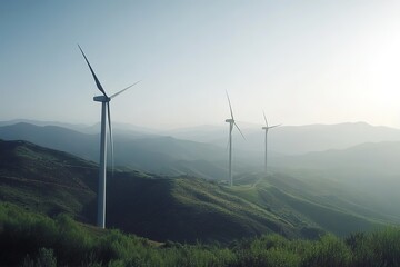 Wind turbines on rolling hills during sunrise, serene energy con