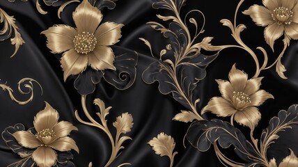 Black luxury cloth, silk satin velvet, with floral shapes, gold threads, luxurious wallpaper, elegant abstract design