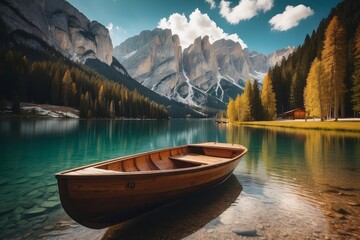 Wooden Rowboat Moored in a Pristine Mountain Lake