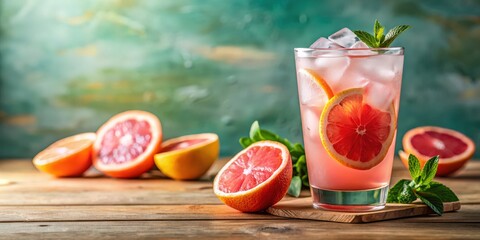 Refreshing glass of pink lemonade with ice and a slice of grapefruit, perfect for a hot sunny day, drink, beverage, citrus