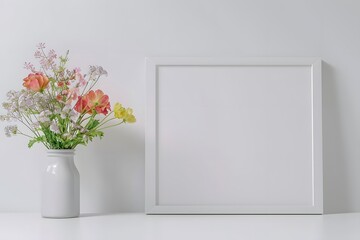 Elegant minimalist setup featuring a white frame beside a delicate floral vase on a white surface. Perfect for modern interior design, decoration, and artworks.