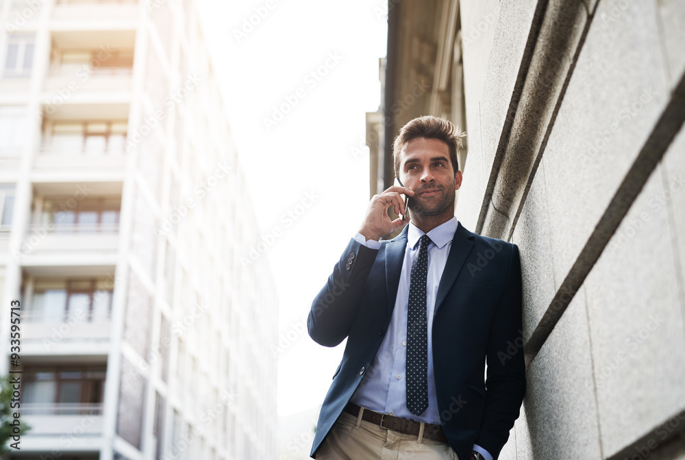 Poster smile, city and man with phone call as employee for networking, conversation and communication in ne